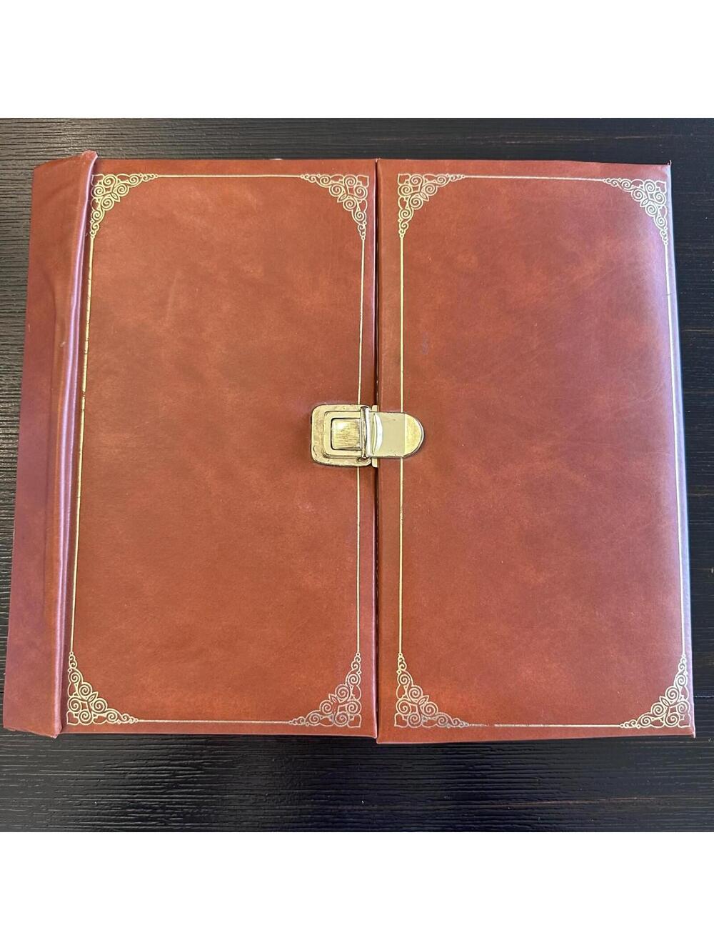 Vintage Faux Leather Photo Album Brass Latch Brown Gold Trim Memory Book EUC